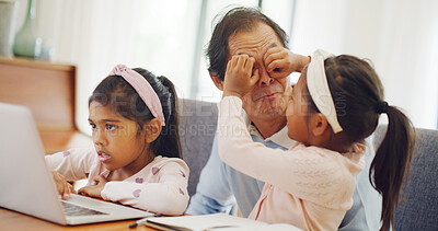 Buy stock photo Playful, father and children with laptop for studying, bonding and elearning for education break. Funny face, care and man with girl for knowledge development, virtual lesson and online homework help
