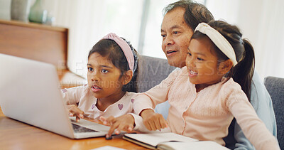 Buy stock photo Laptop, reading and grandpa with children in home for streaming service, film search and cartoon. Online movie subscription, bonding and entertainment with senior man and kids in family house