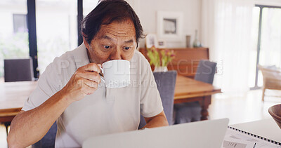 Buy stock photo Mature man, laptop and coffee for budget planning, schedule payment or checking bills in home. Senior person, technology and paperwork for online banking with expenses, insurance or retirement plan