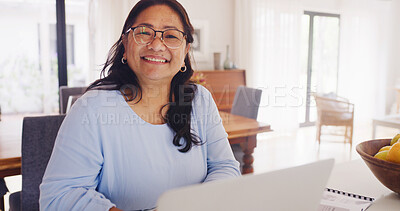 Buy stock photo Mature woman, laptop and portrait for budget planning, schedule payment or checking bills in home. Senior person, tech and paperwork for online banking with expenses, insurance or retirement plan
