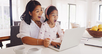 Buy stock photo Laptop, shocked and mother with daughter in home for streaming service, film search and cartoon. Online movie subscription, surprise and entertainment with woman and child in family house for series