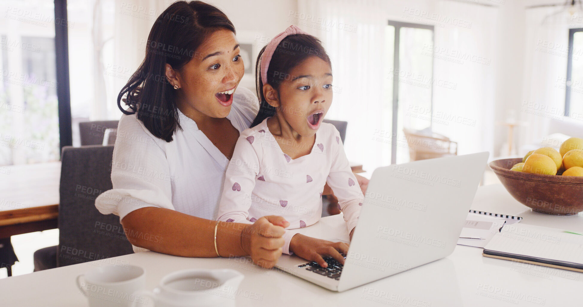 Buy stock photo Laptop, shocked and mother with daughter in home for streaming service, film search and cartoon. Online movie subscription, surprise and entertainment with woman and child in family house for series