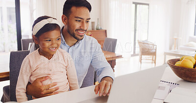 Buy stock photo Laptop, remote work and father with child in home for multitask with creative project deadline. Computer, freelancer and dad with girl kid for email or contact for publishing in kitchen at house.