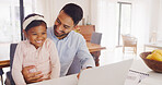 Laptop, remote work and dad with child in home for multitask with creative project deadline. Computer, freelancer and father with girl kid for typing with email or contact for publishing in kitchen.