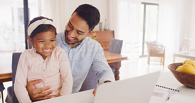 Buy stock photo Laptop, remote work and dad with child in home for multitask with creative project deadline. Computer, happy and father with girl kid with email or contact for freelance publishing in kitchen.