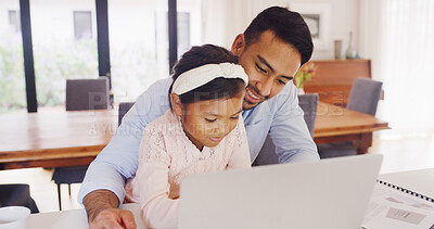 Buy stock photo Home, search or child with father on laptop for studying, browsing or elearning for knowledge growth.Education support, happy man or girl with pc for online homework task, find info or development