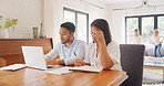 Planning, laptop and couple with notebook for finance report, budgeting and mortgage payment. Family expenses, paperwork and man with woman on computer for taxes, financial review and savings in home