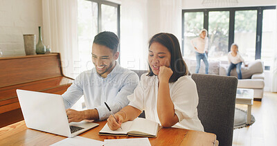 Buy stock photo Happy, laptop and couple with documents for finance report, budget planning and mortgage payment. Home, paperwork and man with woman on computer for family expenses, financial review and savings
