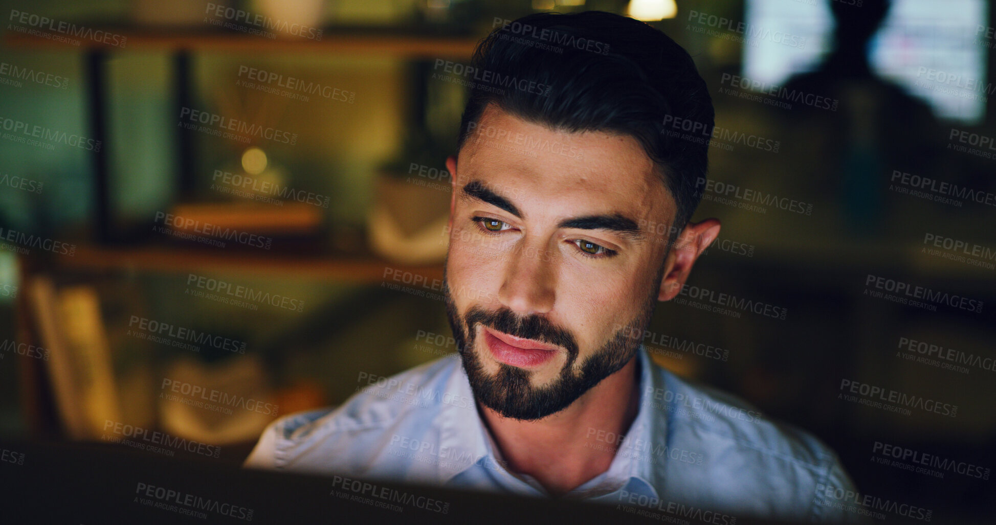 Buy stock photo Computer, research and businessman in office at night with finance report for budget planning. Technology, reading and financial manager with investment proposal for deadline with client in workplace