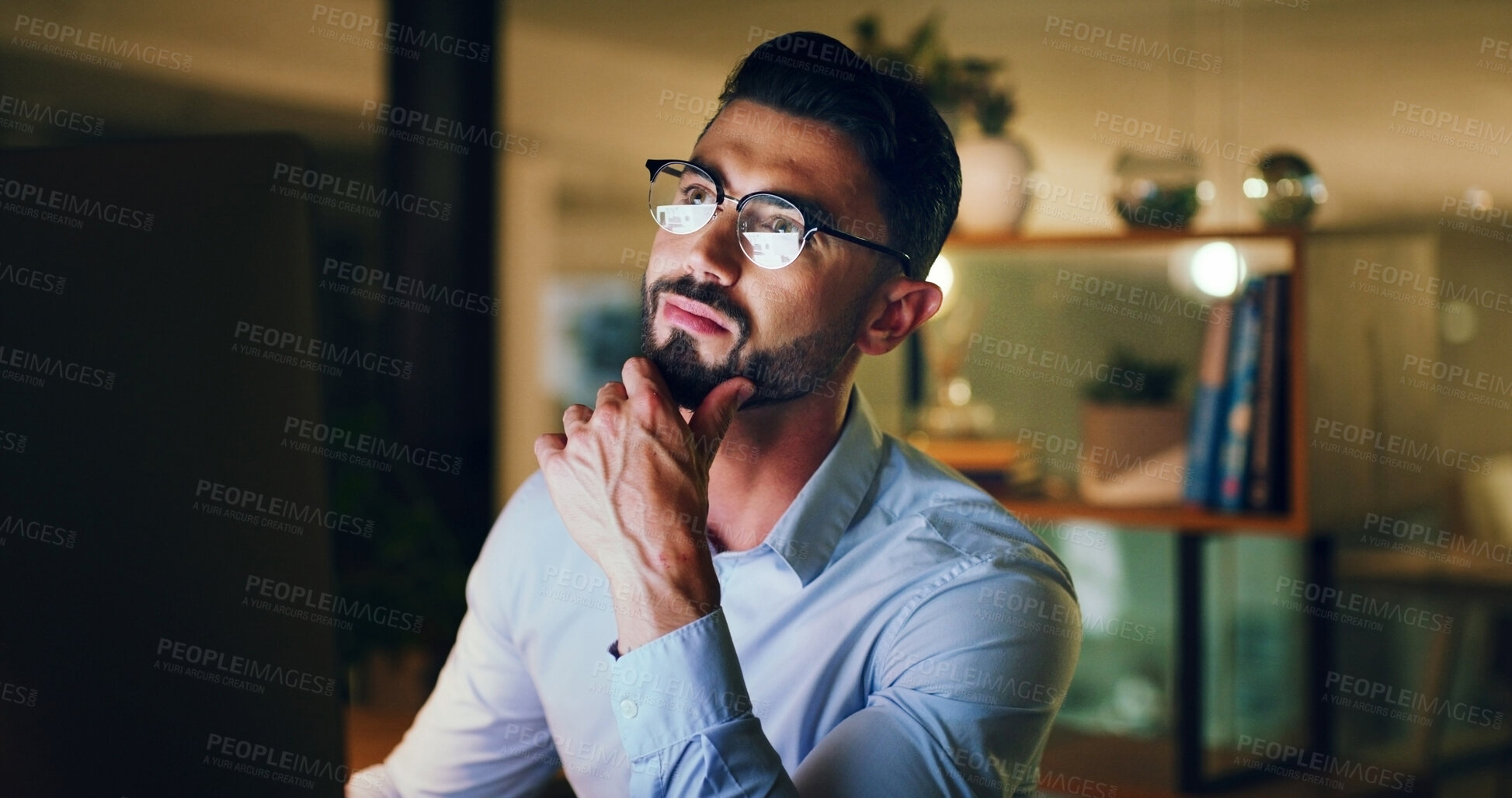 Buy stock photo Business, man and computer in office at night for accounting, finance report and budget review. Thinking, person and glasses with pc for audit, problem solving and working late for financial proposal