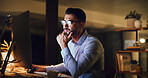 Night, computer and business man in office for financial proposal, investment research and internet. Corporate, working late and person reading screen for finance report, budget review and planning