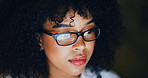 Glasses, woman and reading in office at night for article review, proofreading and fact checking. Editor, eyewear and PC reflection at media agency for editing deadline, source verification and email