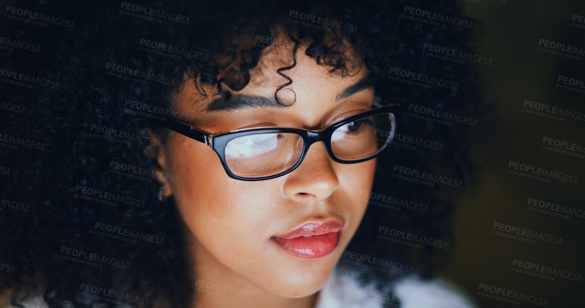 Buy stock photo Glasses, woman and reading in office at night for article review, proofreading and fact checking. Editor, eyewear and PC reflection at media agency for editing deadline, source verification and email