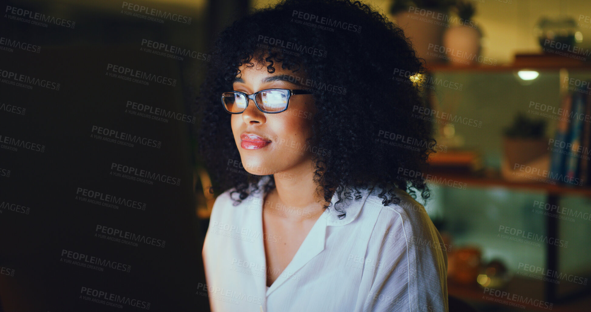 Buy stock photo Computer, woman and reading in office at night for article review, proofreading and fact checking. Editor, employee and tech at publishing agency for editing deadline, draft approval and publication