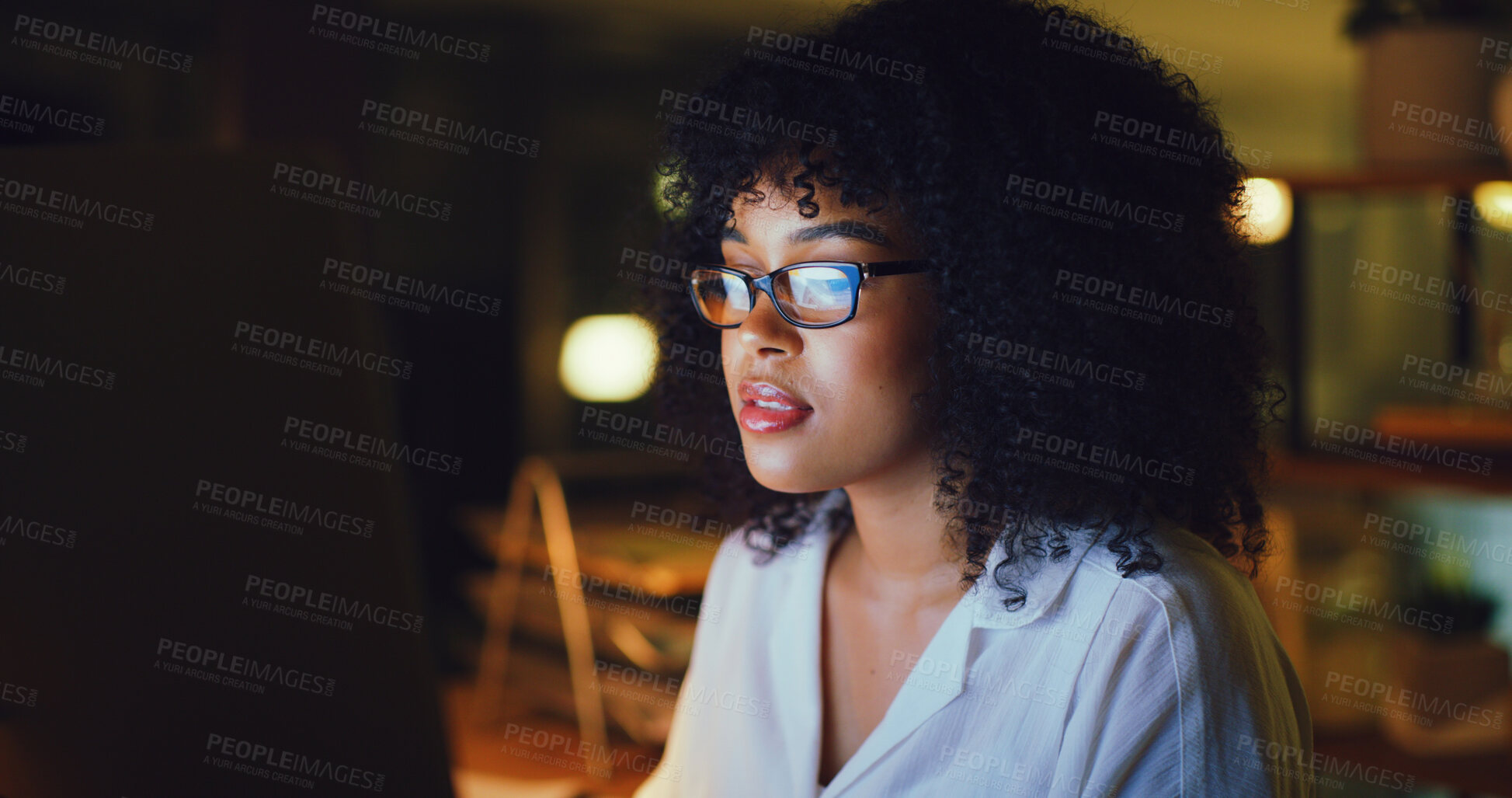 Buy stock photo Computer, woman and research in office at night for article planning, story angle and fact checking. Bokeh, journalist and tech at publishing agency for editing deadline, breaking news and submission