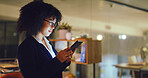 Tablet, research and businesswoman in office at night with email for investment proposal. Digital technology, communication and female financial manager with finance report for budget in workplace.