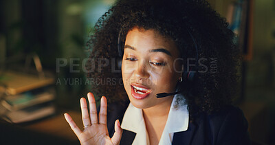 Buy stock photo Woman, headset and discussion at night, call center or solution with contact at insurance company. Person, broker or consultant with voip mic, talk and overtime with insight at risk management agency