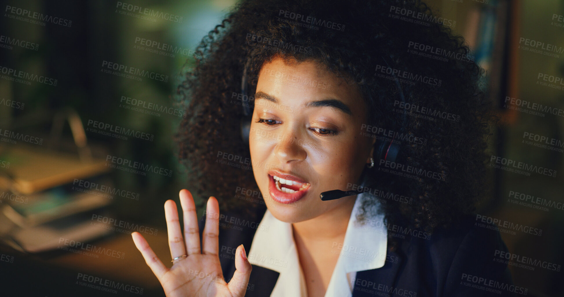Buy stock photo Woman, headset and discussion at night, call center or solution with contact at insurance company. Person, broker or consultant with voip mic, talk and overtime with insight at risk management agency