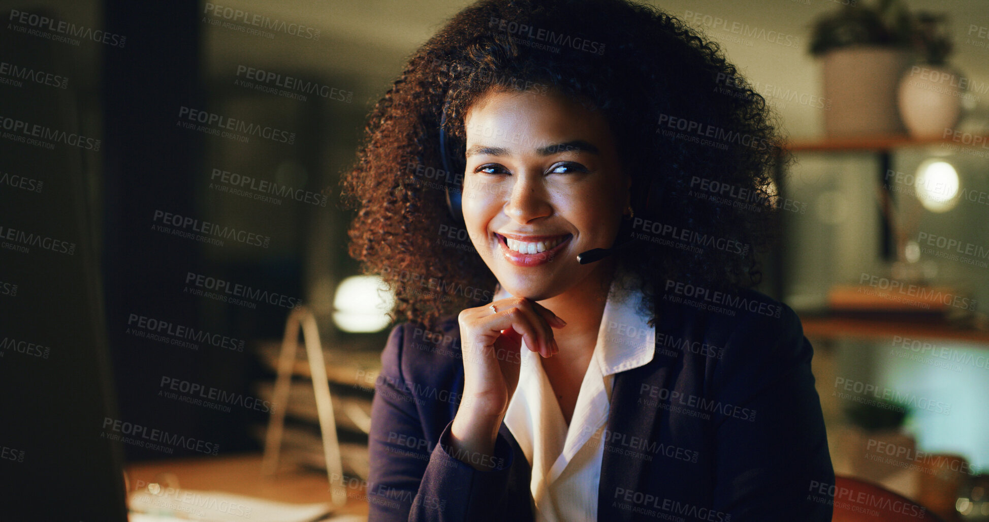 Buy stock photo Woman, headset and portrait at night, call center or smile with contact us at insurance company. Person, broker or consultant on voip mic, pc or happy for overtime at risk management agency in Brazil