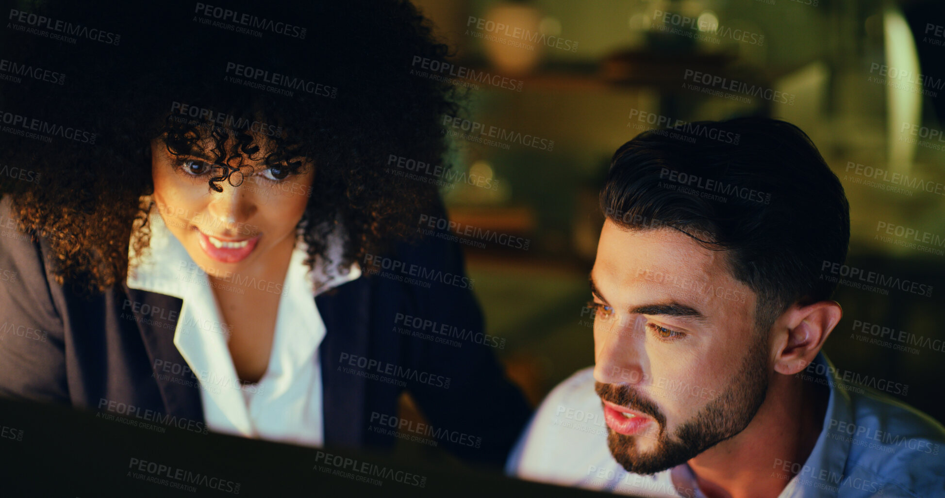 Buy stock photo Laptop, meeting and business people in office at night with planning finance report with budget. Discussion, deadline and team of financial advisors with computer for investment proposal in workplace