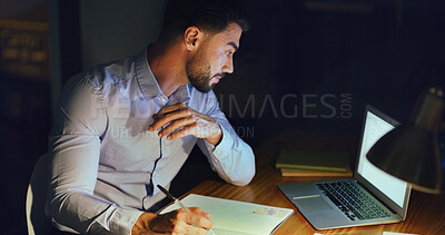 Buy stock photo Laptop, writing and businessman in office at night with research for finance report with budget. Planning, corporate career and male financial manager working on investment proposal with deadline.