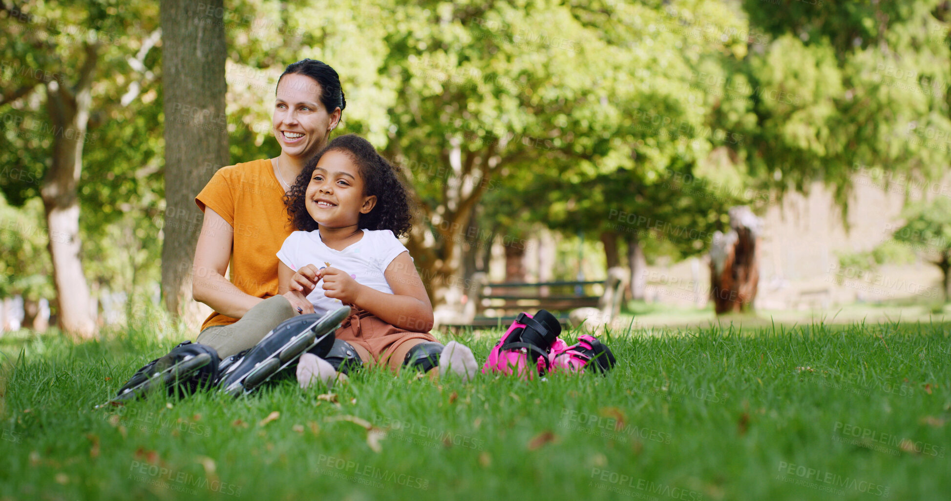 Buy stock photo Rollerskate, relax and mother with daughter in park for support, smile or skating game. Rollerblade, happiness and summer vacation with woman and child in nature for bonding, hobby and family holiday