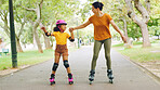 Roller skating, holding hands and mom with child in nature on holiday, getaway or weekend trip with balance. Happy, safety and mother with kid in skates for hobby together outdoor in park on vacation