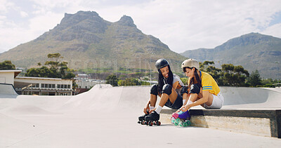 Buy stock photo People, tie and roller skating at park, smile and prepare for sport with helmets, safety and bonding. Outdoor, skaters and friends with equipment for hobby, getting ready and happy with cool fashion