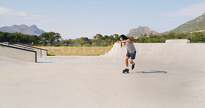 Buy stock photo Skate, park ramp and man with headphones on weekend, streaming music or balance practice. Outdoor hobby, audio tech and person with rollerskate for trick execution, mockup space or listening to radio