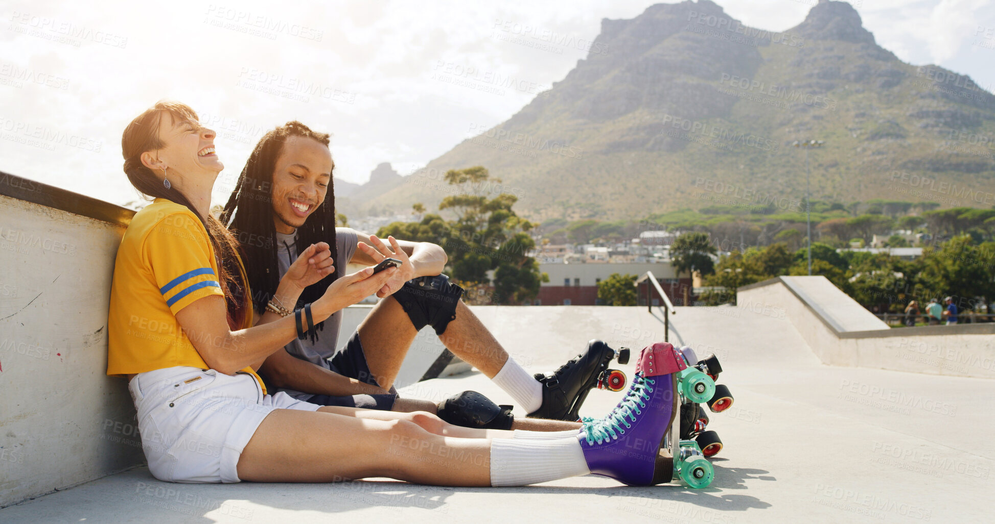 Buy stock photo People, roller skates and phone at park with friends, laugh and funny meme post on web in city. Woman, man and skater with smartphone, joke or relax with video streaming on social media in urban town