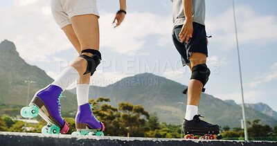Buy stock photo Rollerskate, legs and street with couple at park for support, skating game and training. Rollerblade, fitness and bonding with shoes of man and woman outdoor for hobby, energy and extreme sport