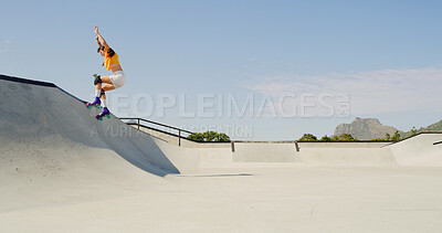 Buy stock photo Woman, roller skates and ramp at park with jump, sky and space with speed, skills and fun in summer. Gen z person, skater and air with exercise, energy or outdoor for extreme sports training in city