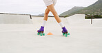 Roller skating, outdoor and legs of woman at park for hobby, training or challenge with health. Exercise, sports and feet of female person with skates for tricks or workout with balance in summer.