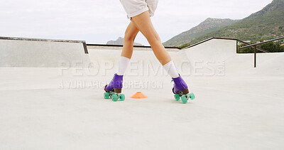 Buy stock photo Roller skating, outdoor and legs of woman at park for hobby, training or challenge with balance. Exercise, sports and feet of female person with skates for tricks or practice with active in summer.