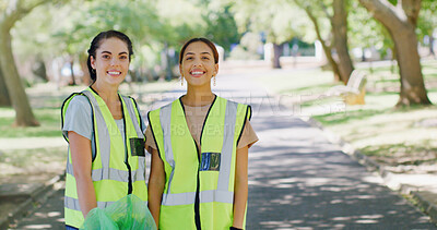 Buy stock photo Volunteer, cleaning and portrait of women in park with bag to collect trash, plastic and litter for pollution. Outdoor, space and happy people for community service, recycling and environmental care