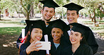 Friends, selfie and students at park for graduation, happy and certificate for education goals at campus. People, group and smile with photography, diploma or success with achievement at university