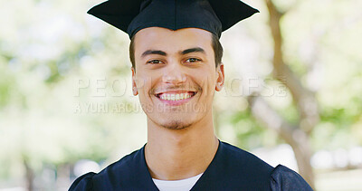 Buy stock photo Happy, graduation and portrait of man in park for education, achievement and college milestone. University, student and person with certificate for academic success, celebration and learning outdoor