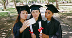 Women, selfie and students at park for graduation, pout and certificate for education goals at campus. People, group and kiss emoji with photography, diploma or success with achievement at university