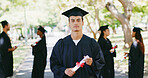 University, graduation and portrait of man in park for education, achievement and college degree. Campus, school and person with certificate for academic success, celebration and milestone outdoor