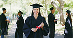 Happy, graduation and portrait of woman in park for education, achievement and college degree. University, school and person with certificate for academic success, celebration and milestone outdoor