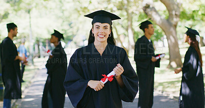 Buy stock photo Happy, graduation and portrait of woman in park for education, achievement and college degree. University, school and person with certificate for academic success, celebration and milestone outdoor