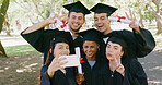 People, selfie and students at park for graduation, happy and certificate for education goals at campus. Friends, group and smile with photography, diploma or success with achievement at university
