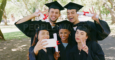 Buy stock photo People, selfie and students at park for graduation, happy and certificate for education goals at campus. Friends, group and smile with photography, diploma or success with achievement at university