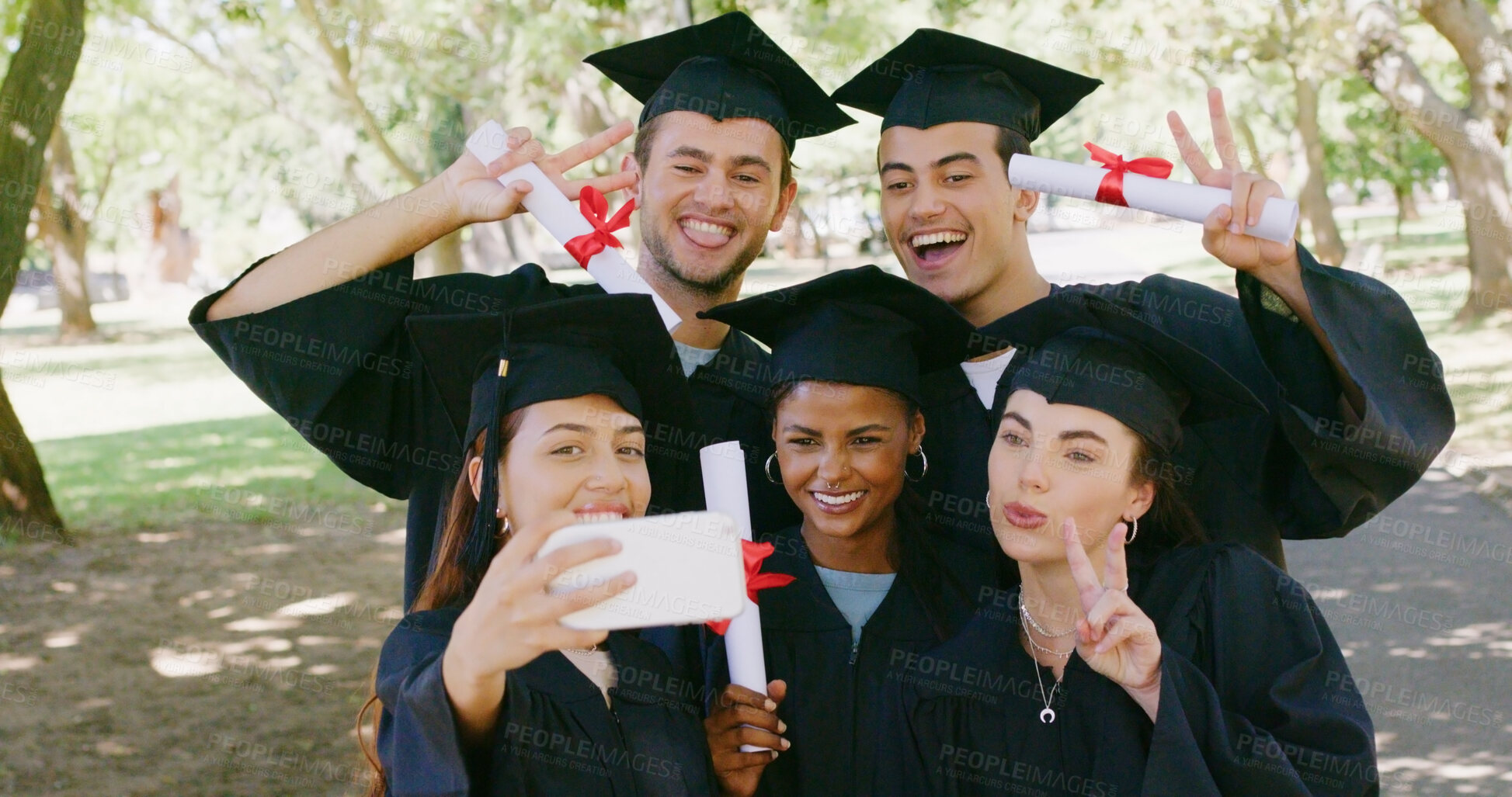 Buy stock photo People, selfie and students at park for graduation, happy and certificate for education goals at campus. Friends, group and smile with photography, diploma or success with achievement at university