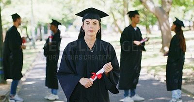 Buy stock photo University, graduation and portrait of woman in park for education, achievement and college degree. Student, school and person with certificate for academic success, celebration and milestone outdoor