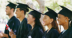 Happy, graduation and group of students in park for education, achievement and college degree. University, school and people with certificate for academic success, celebration and milestone outdoor
