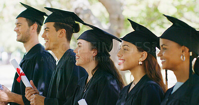 Buy stock photo Happy, graduation and group of students in park for education, achievement and college degree. University, school and people with certificate for academic success, celebration and milestone outdoor