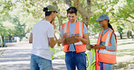 Team, people and volunteer at park for sign up on clipboard, planning or accountability. Group, men and women for talk, happy or gloves for registration process with call to action for sustainability