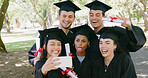 People, selfie and students at campus for graduation, happy or certificate for education goals at college. Friends, group and smile with photography, diploma and success for achievement at university