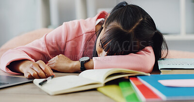 Buy stock photo Books, education and sleeping with girl on desk in home for burnout, cram session or fatigue. Learning, study and tired with exhausted student in apartment for development or exam preparation